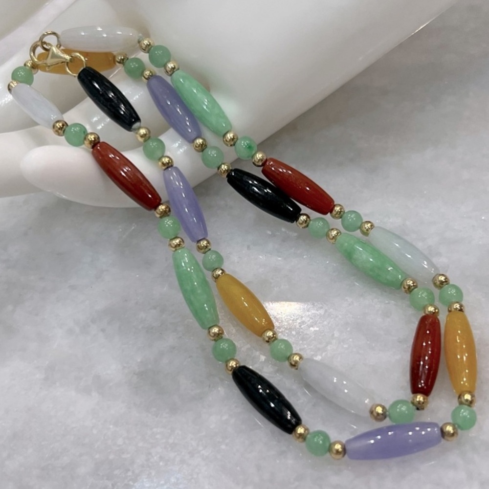 Burmese Multicolor Jade Bead 14K YG Sterling Silver Station Necklace